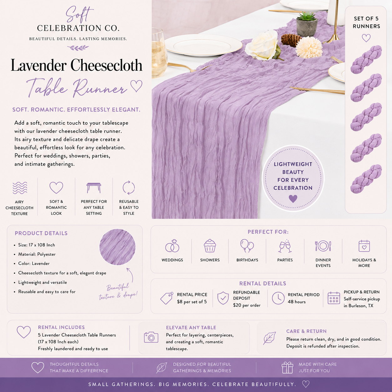 Lavender Cheesecloth Table Runners (Set of 5)
