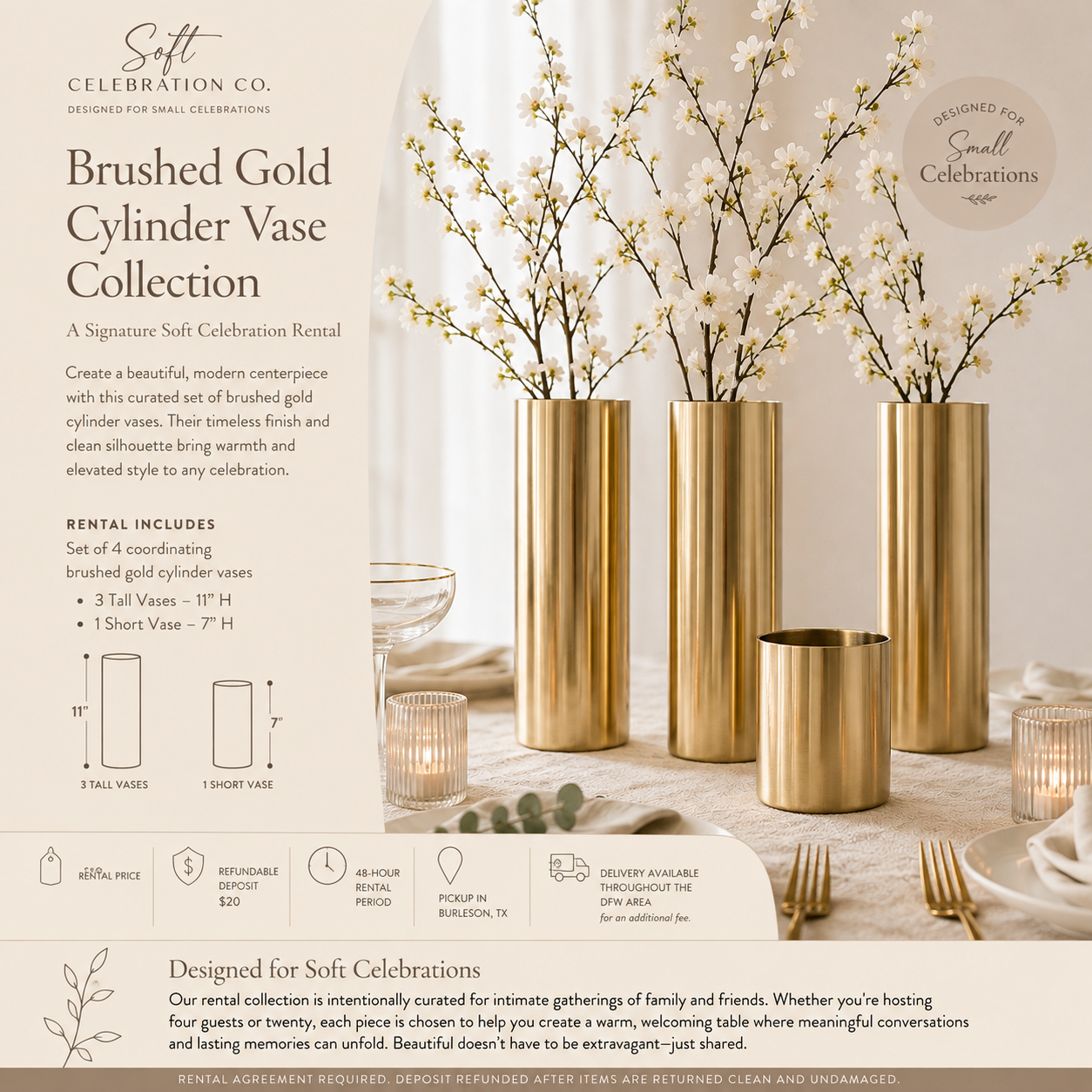 Soft Celebration Brushed Gold Cylinder Vase Collection