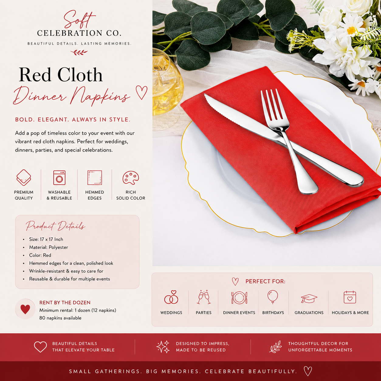 Red Polyester Dinner Napkins (Set of 12)