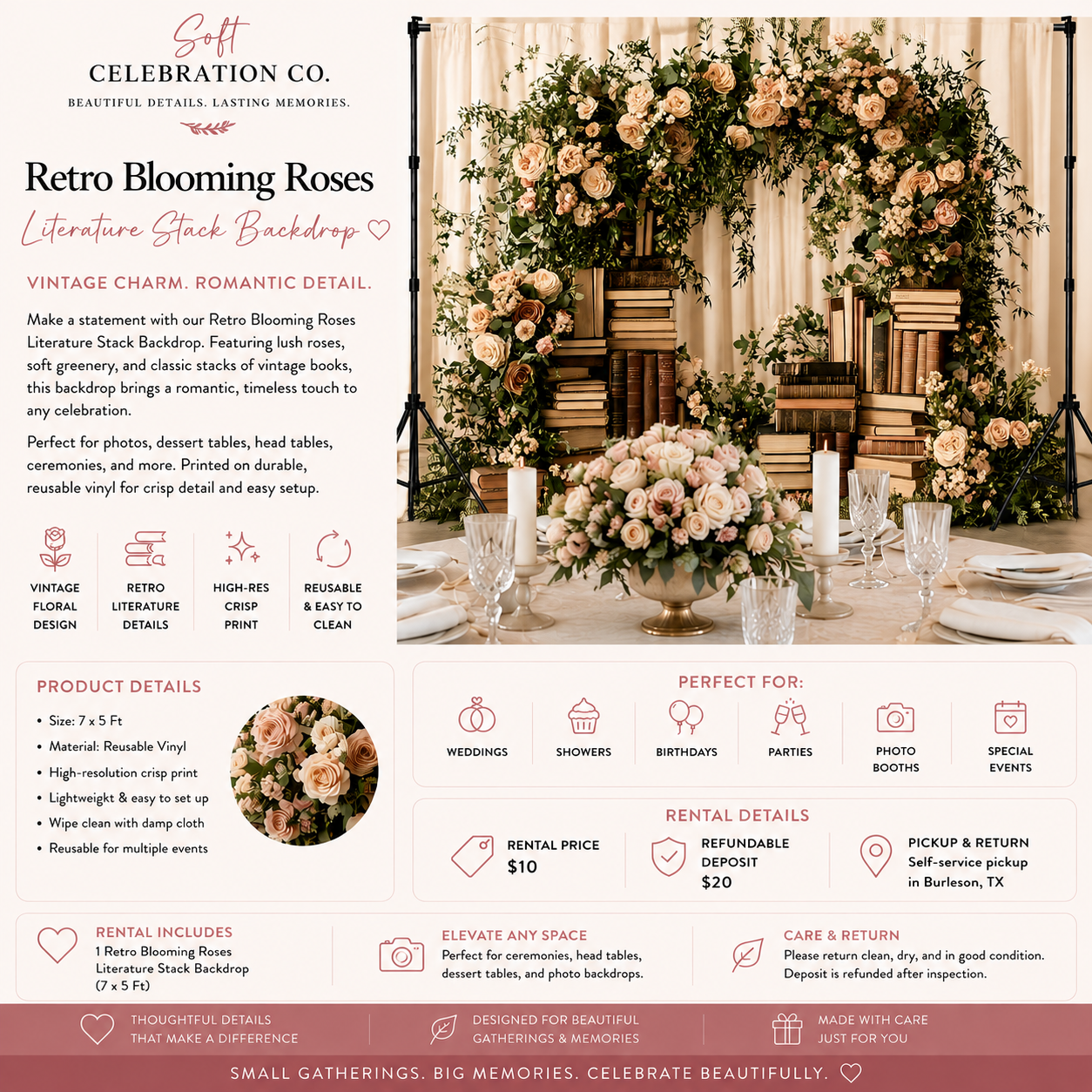 Soft Celebration Retro Blooming Roses Literature Stack Backdrop with Stand (7' × 5')